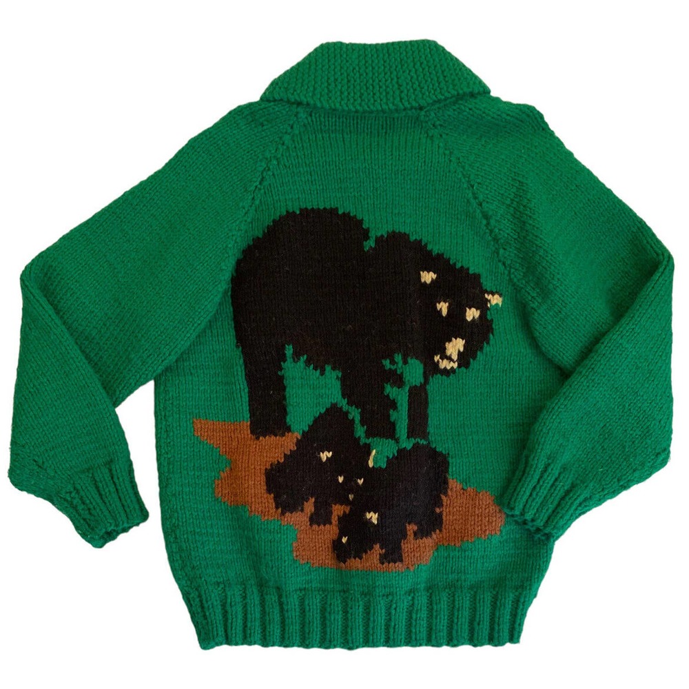 Vtg. Green Wool Knitted Cardigan Chunky Hand Made Bears Lined Zip Up Unisex